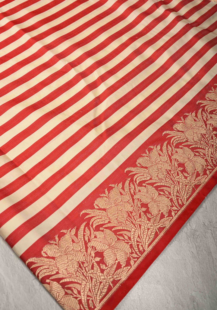 Red-Cream Banarasi Mashru Silk Saree with Horizontal Stripes and Floral Zari Border | SILK MARK CERTIFIED