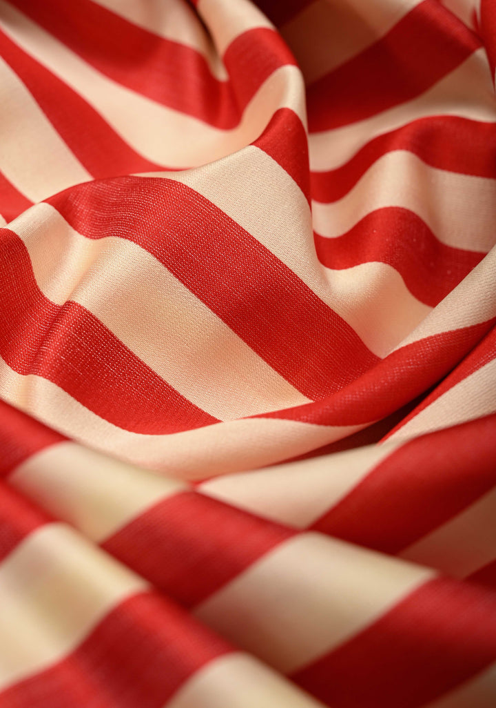 Red-Cream Banarasi Mashru Silk Saree with Horizontal Stripes and Floral Zari Border | SILK MARK CERTIFIED