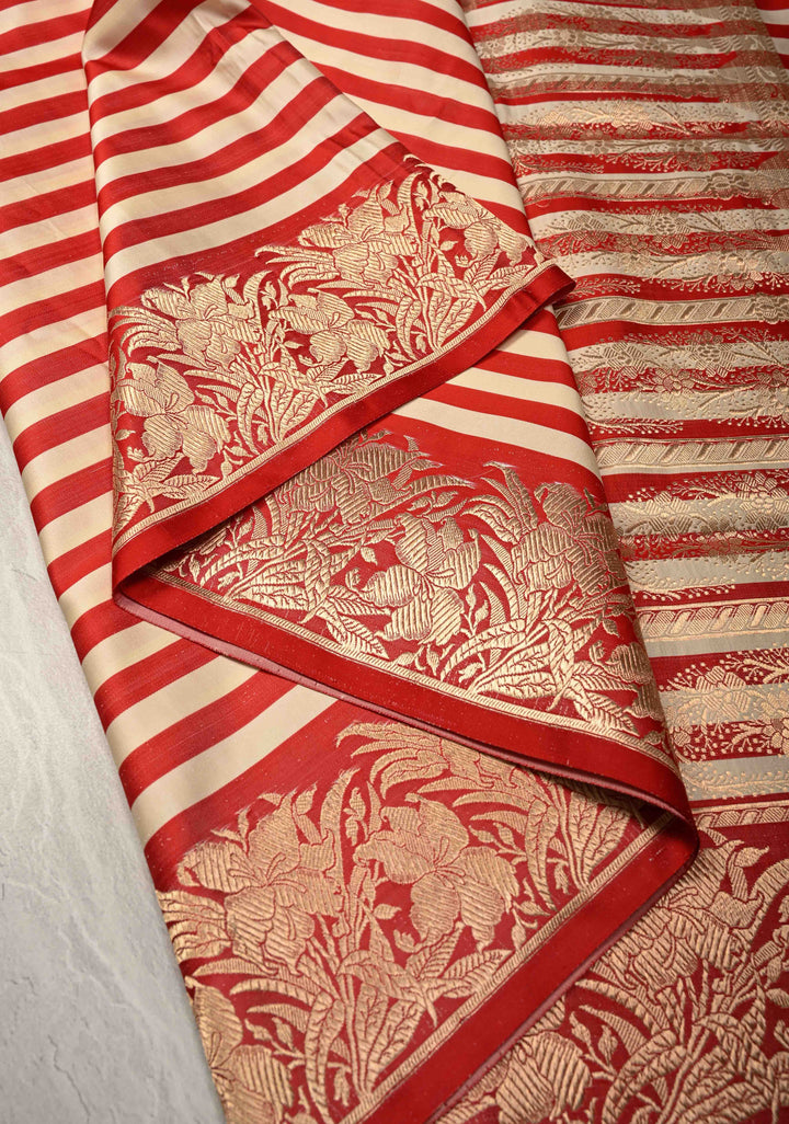 Red-Cream Banarasi Mashru Silk Saree with Horizontal Stripes and Floral Zari Border | SILK MARK CERTIFIED
