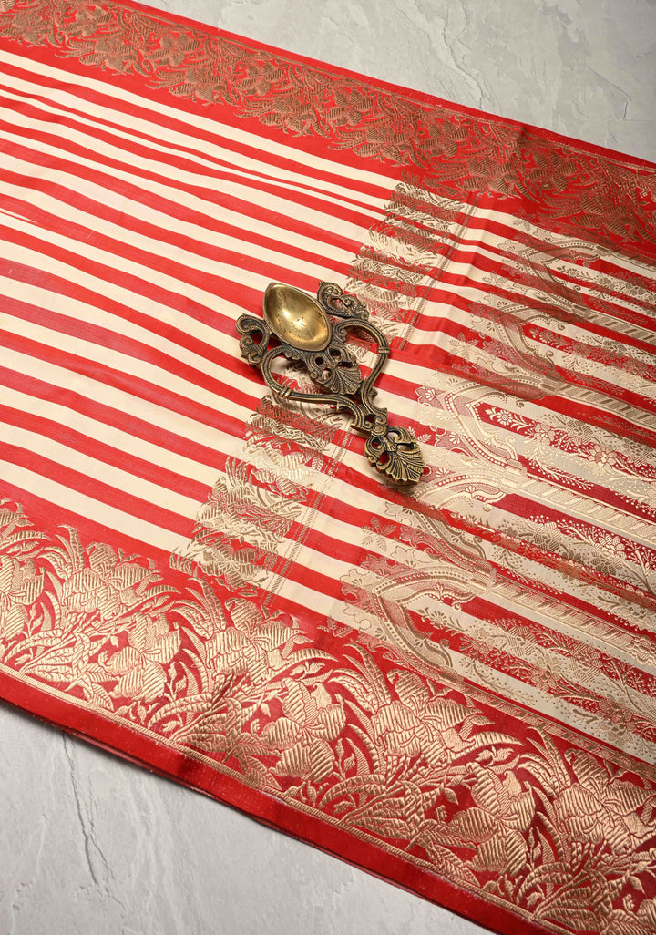 Red-Cream Banarasi Mashru Silk Saree with Horizontal Stripes and Floral Zari Border | SILK MARK CERTIFIED