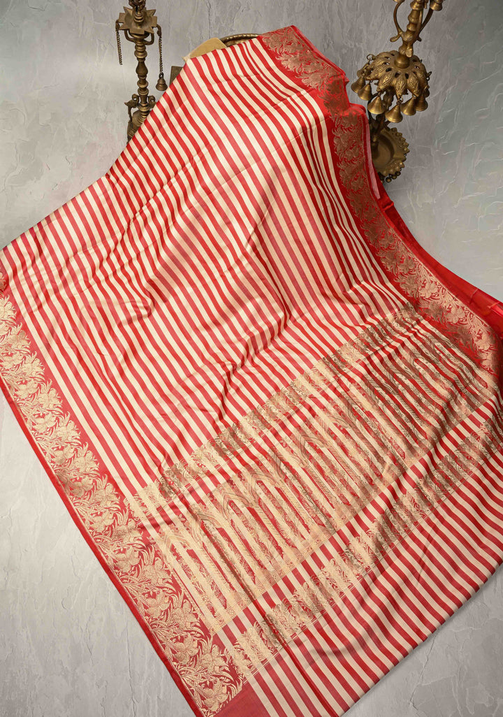 Red-Cream Banarasi Mashru Silk Saree with Horizontal Stripes and Floral Zari Border | SILK MARK CERTIFIED