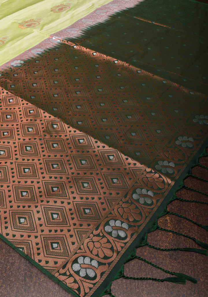 Tea Green Borderless Semi Silk Saree with Zari Stripes and Alfi Paisley Motifs