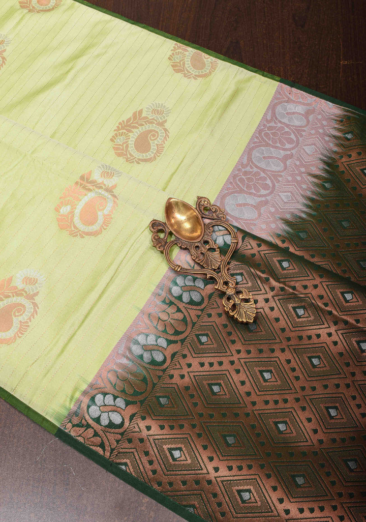 Tea Green Borderless Semi Silk Saree with Zari Stripes and Alfi Paisley Motifs
