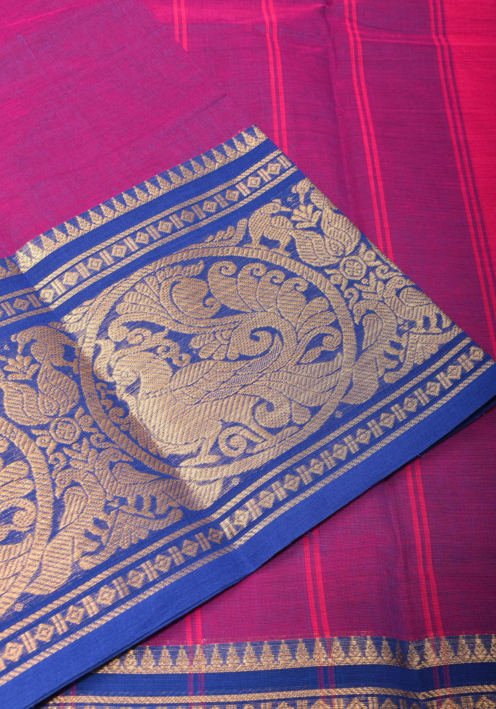 Purple-Blue Dual tone  Kanchi Cotton Saree with tradional zari borders on Blue base, No Blouse piece