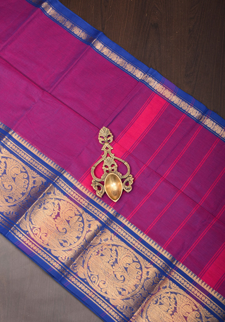 Purple-Blue Dual tone  Kanchi Cotton Saree with tradional zari borders on Blue base, No Blouse piece