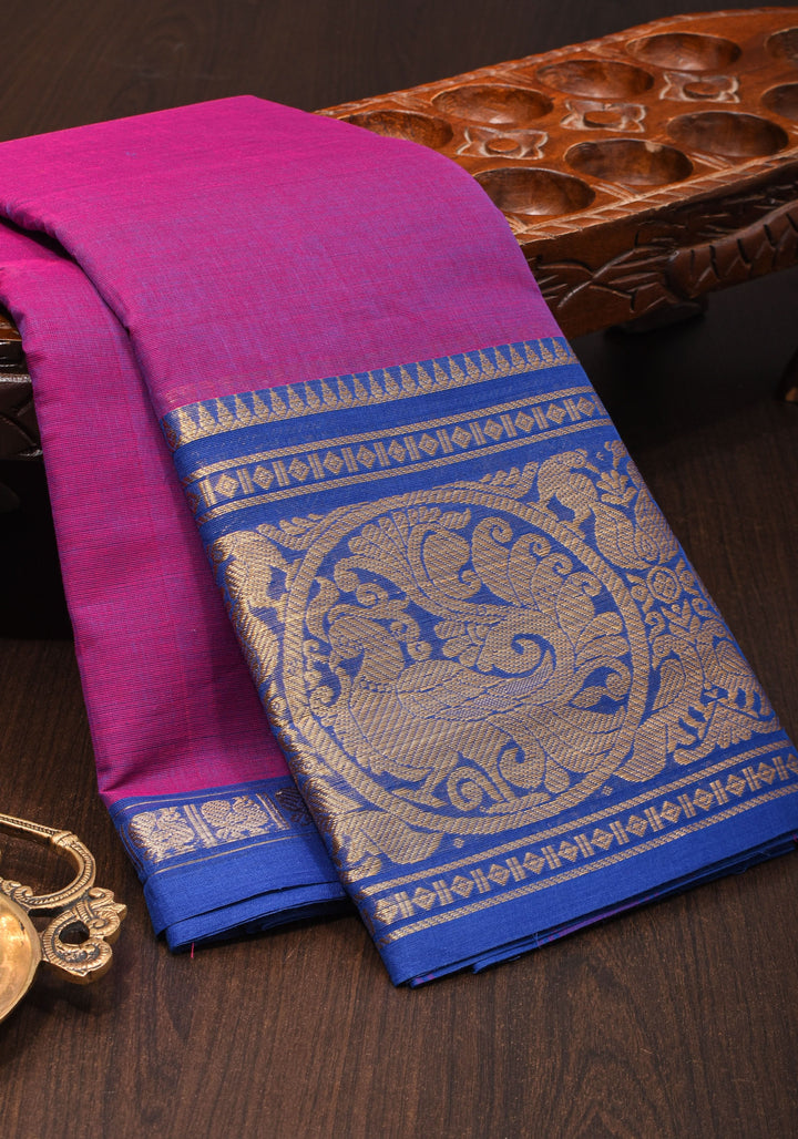 Purple-Blue Dual tone  Kanchi Cotton Saree with tradional zari borders on Blue base, No Blouse piece