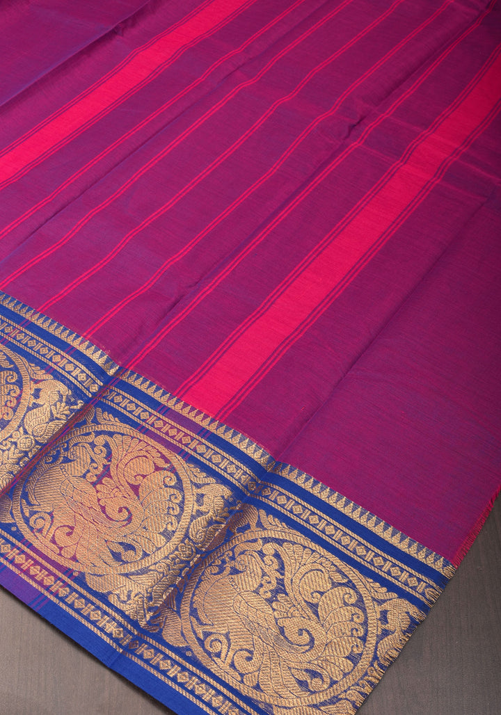 Purple-Blue Dual tone  Kanchi Cotton Saree with tradional zari borders on Blue base, No Blouse piece