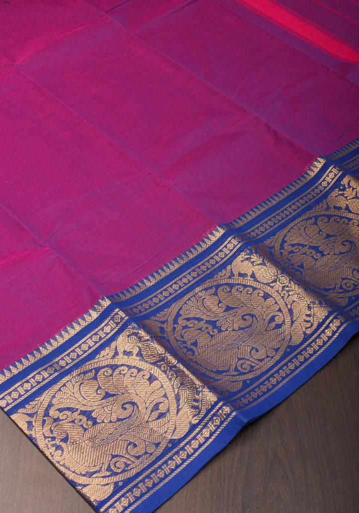 Purple-Blue Dual tone  Kanchi Cotton Saree with tradional zari borders on Blue base, No Blouse piece