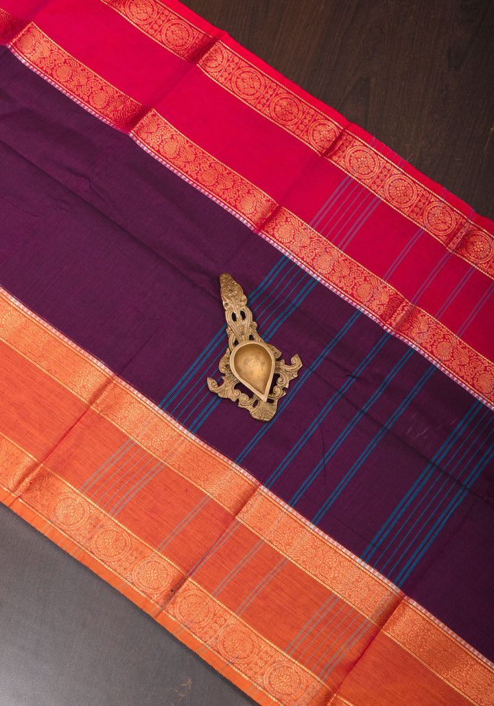 Eggplant Kanchi Cotton Saree with Ganga Jamuna zari border