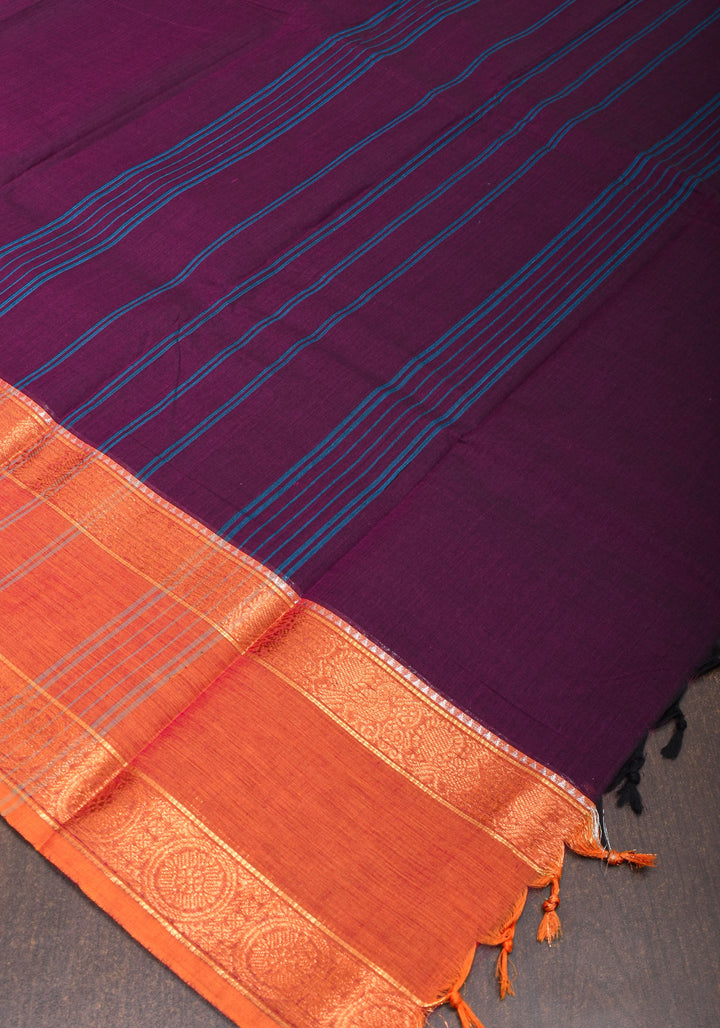 Eggplant Kanchi Cotton Saree with Ganga Jamuna zari border