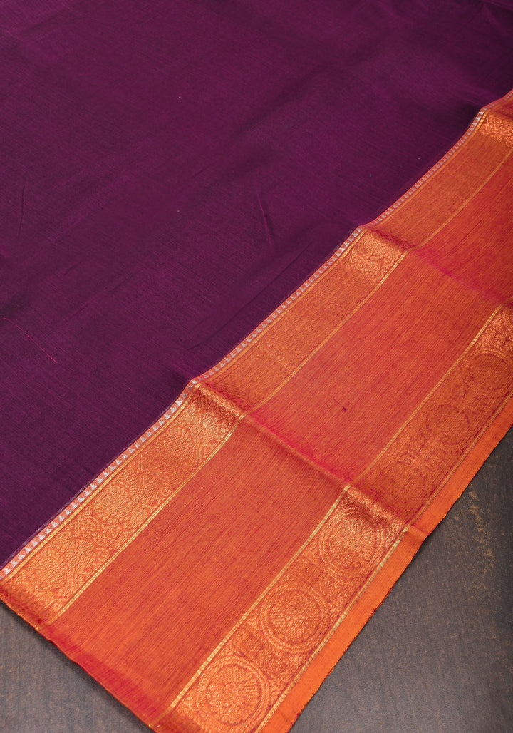 Eggplant Kanchi Cotton Saree with Ganga Jamuna zari border