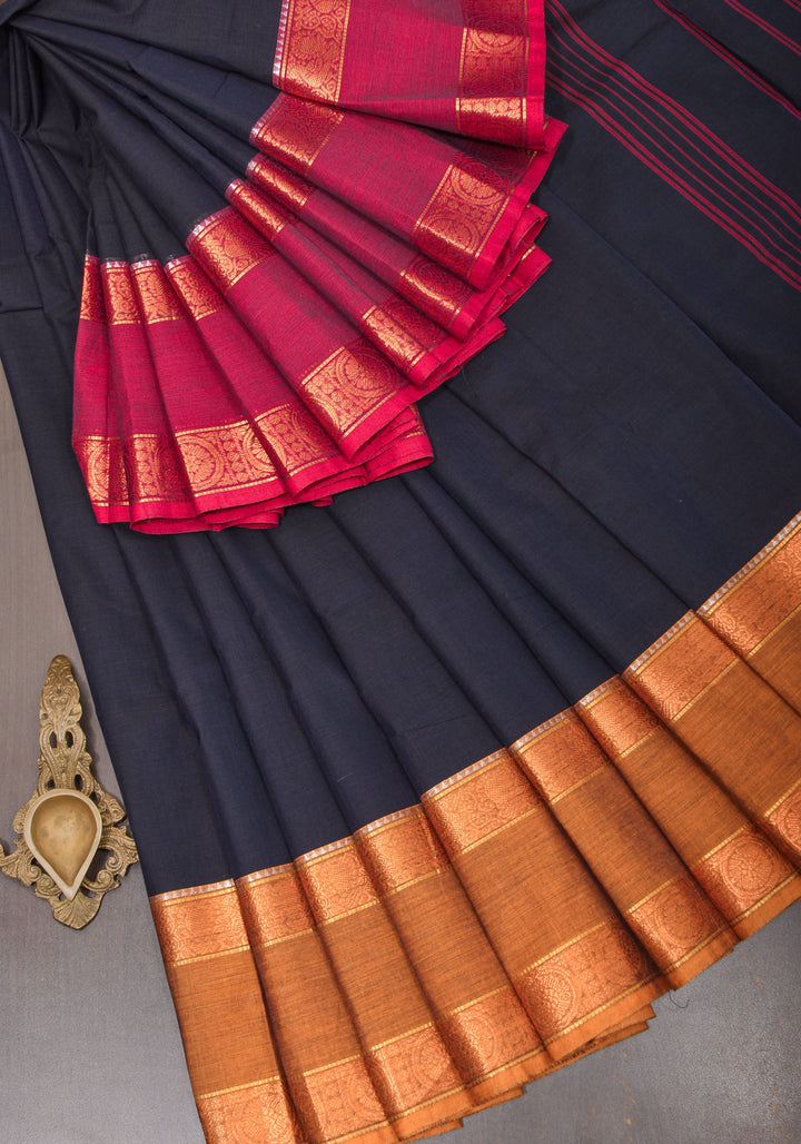 Blue Black  Kanchi Cotton Saree with Ganga Jamuna zari border