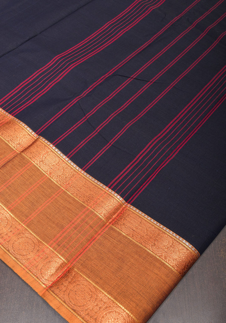 Blue Black  Kanchi Cotton Saree with Ganga Jamuna zari border
