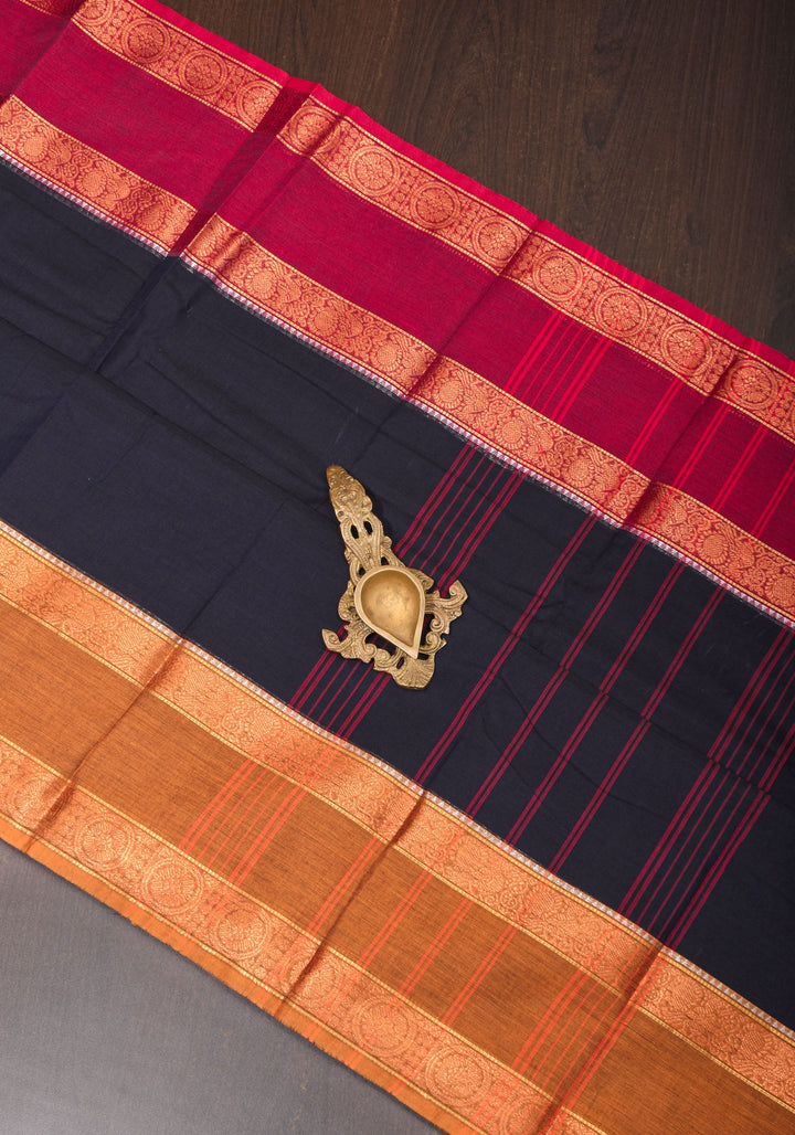 Blue Black  Kanchi Cotton Saree with Ganga Jamuna zari border