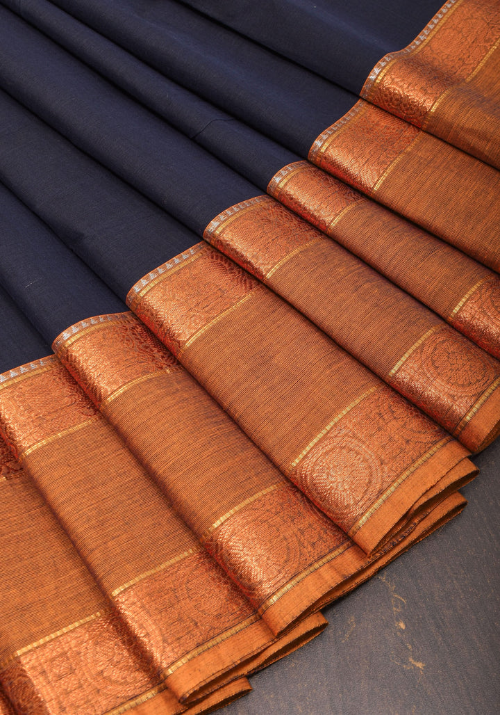 Blue Black  Kanchi Cotton Saree with Ganga Jamuna zari border