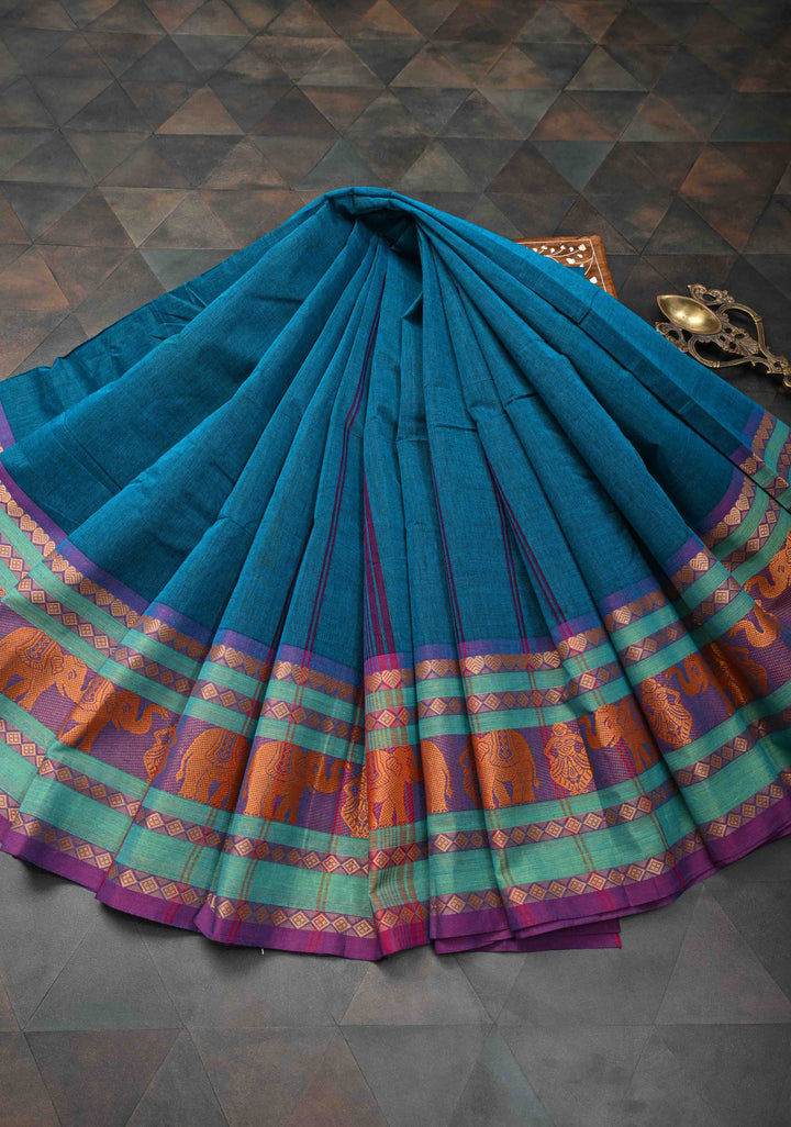 Teal Blue Kanchi Cotton Saree with Contrast Resham Border | No Blouse piece