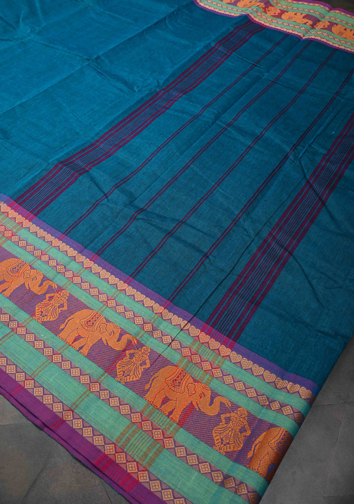 Teal Blue Kanchi Cotton Saree with Contrast Resham Border | No Blouse piece