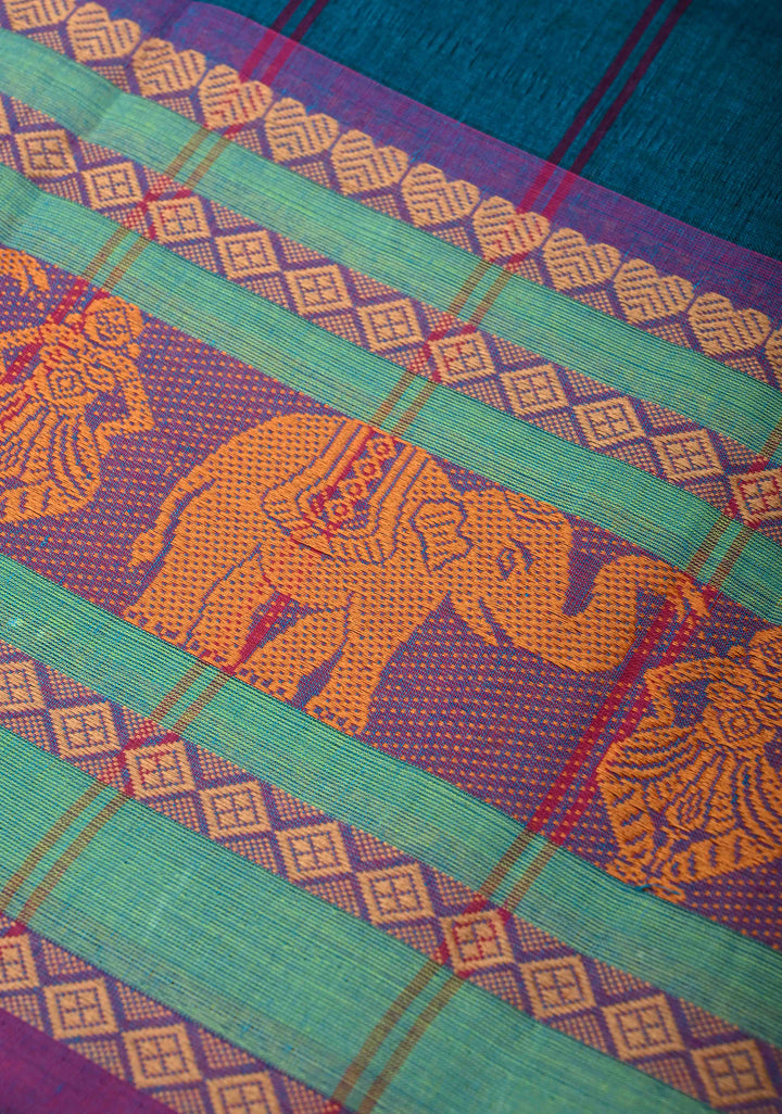 Teal Blue Kanchi Cotton Saree with Contrast Resham Border | No Blouse piece