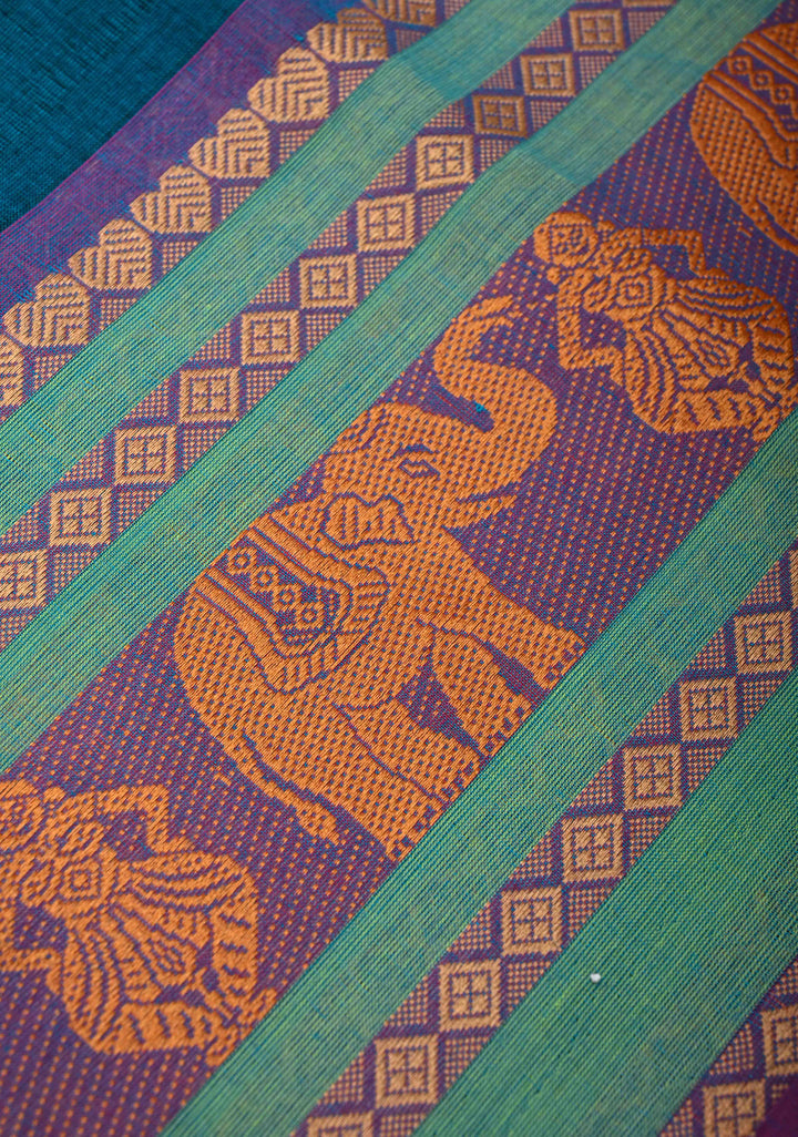 Teal Blue Kanchi Cotton Saree with Contrast Resham Border | No Blouse piece