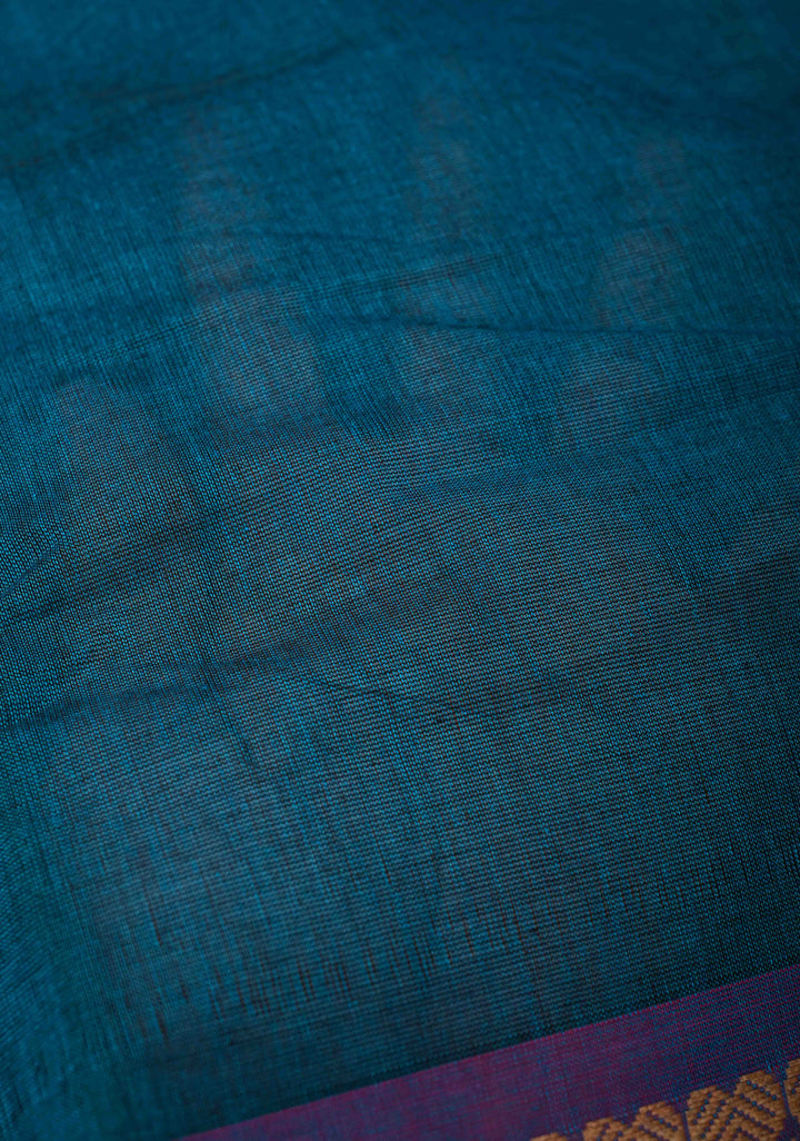 Teal Blue Kanchi Cotton Saree with Contrast Resham Border | No Blouse piece