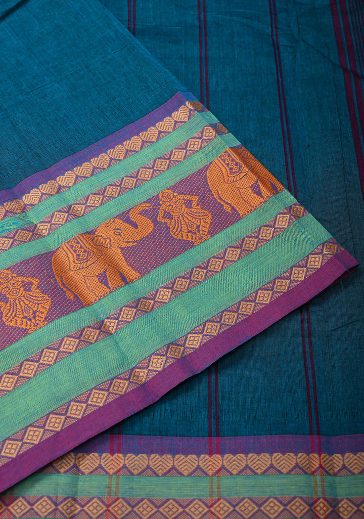 Teal Blue Kanchi Cotton Saree with Contrast Resham Border | No Blouse piece