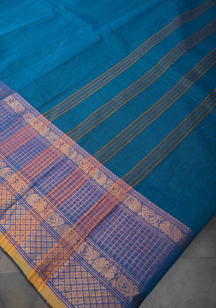 Peacock blue  Kanchi Cotton Saree with checked panel zari border, No Blouse piece
