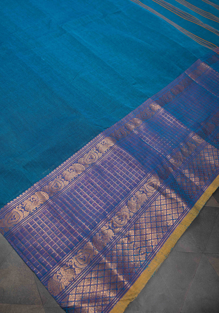 Peacock blue  Kanchi Cotton Saree with checked panel zari border, No Blouse piece