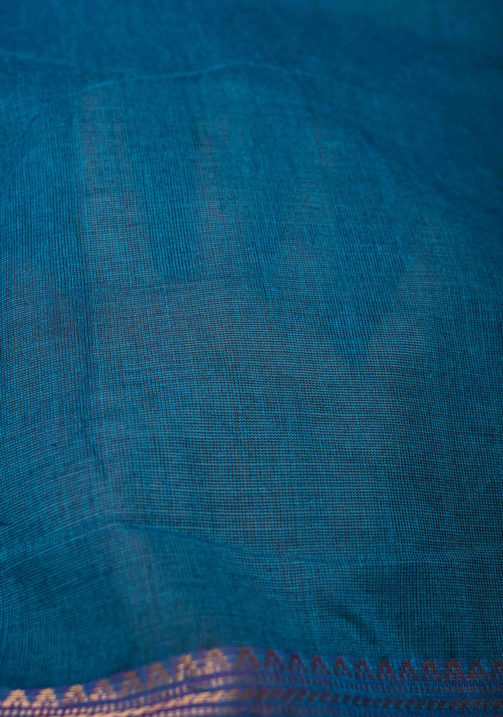 Peacock blue  Kanchi Cotton Saree with checked panel zari border, No Blouse piece