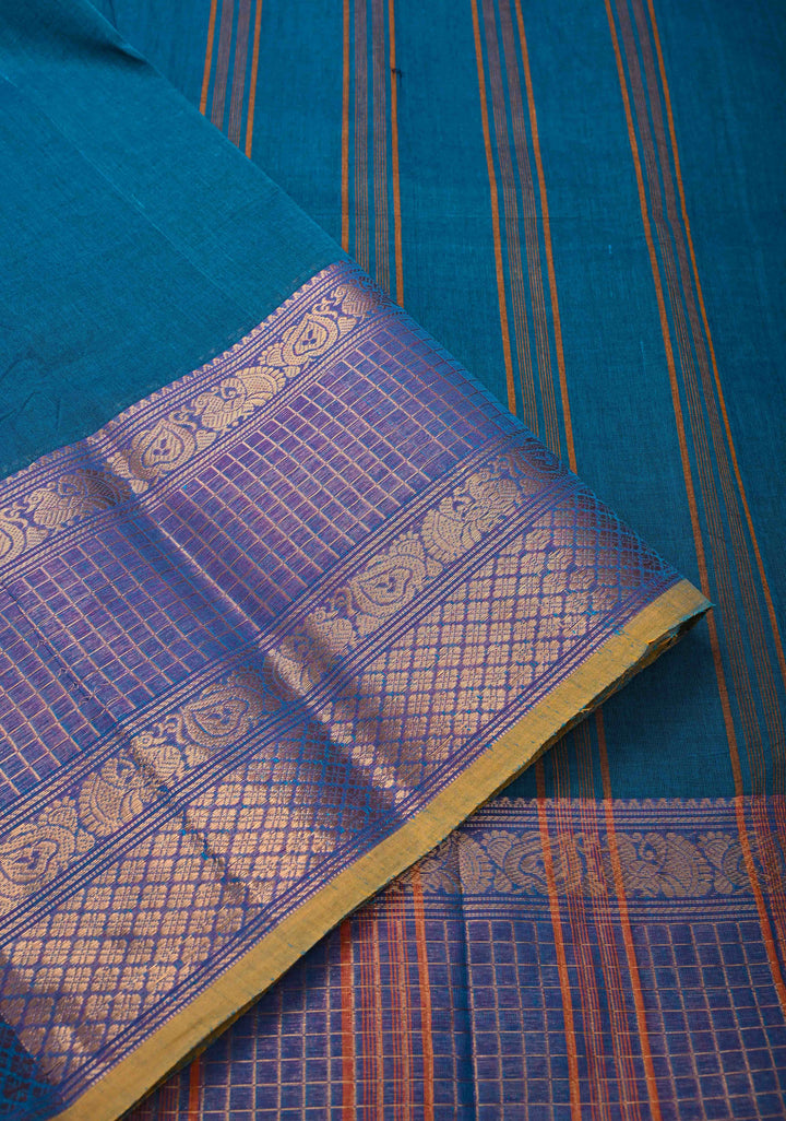 Peacock blue  Kanchi Cotton Saree with checked panel zari border, No Blouse piece
