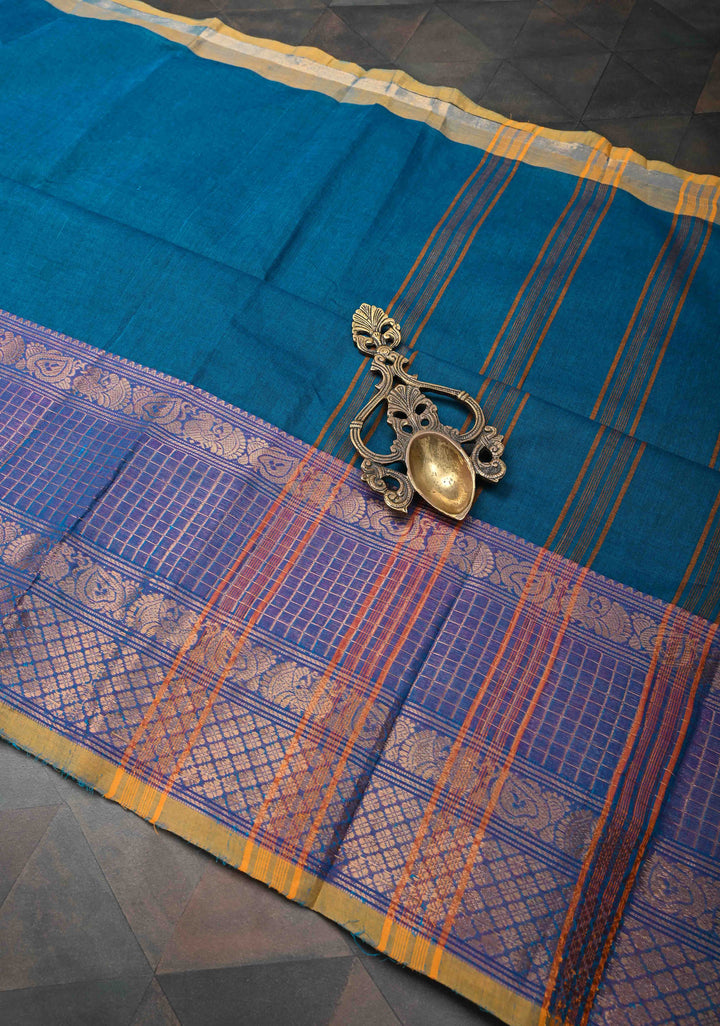 Peacock blue  Kanchi Cotton Saree with checked panel zari border, No Blouse piece