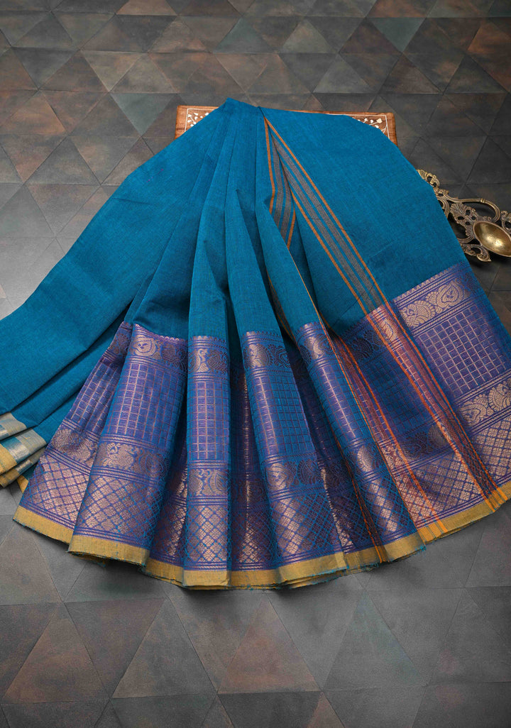 Peacock blue  Kanchi Cotton Saree with checked panel zari border, No Blouse piece