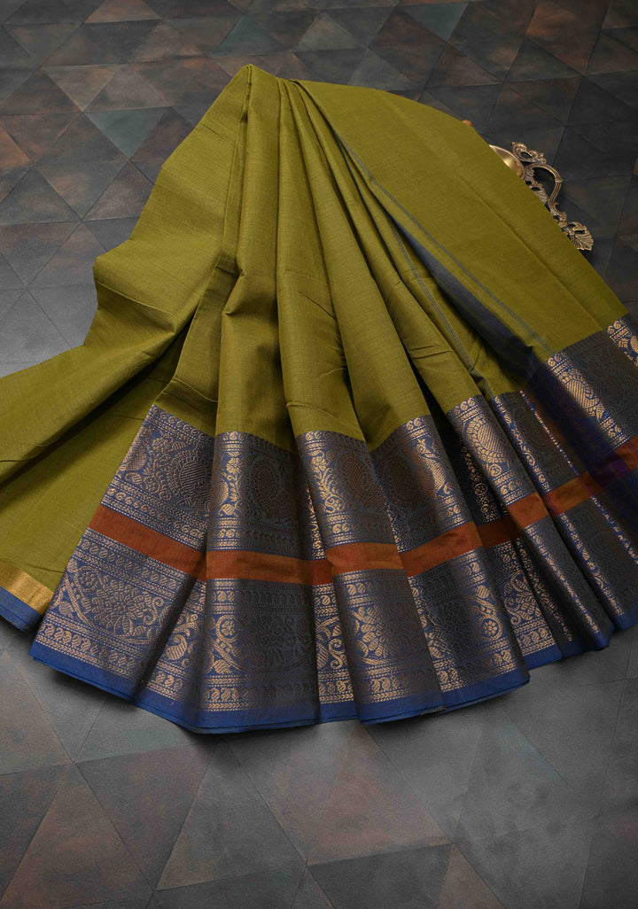 Olive Green Kanchi Cotton Saree with Contrast Zari Border | No Blouse piece