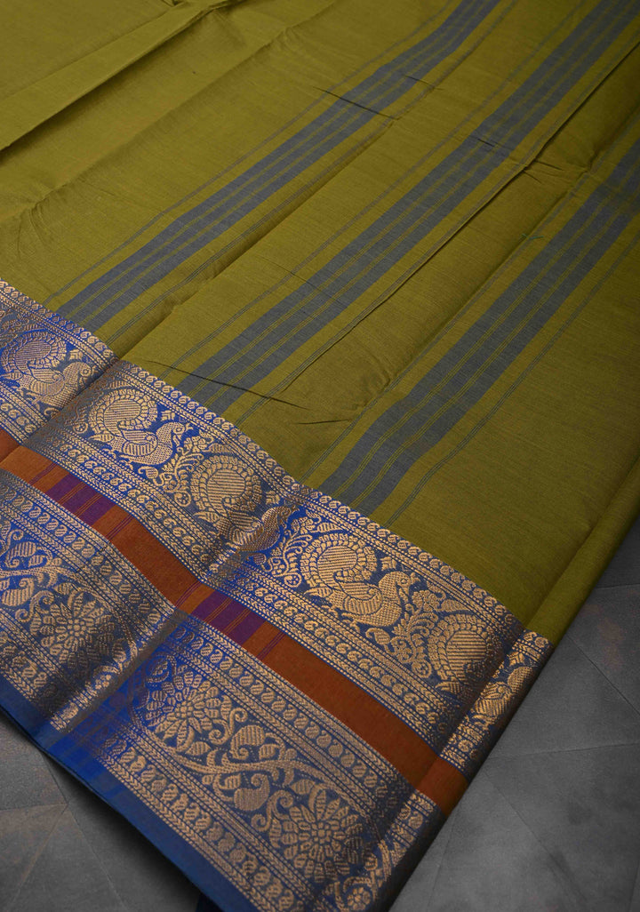 Olive Green Kanchi Cotton Saree with Contrast Zari Border | No Blouse piece