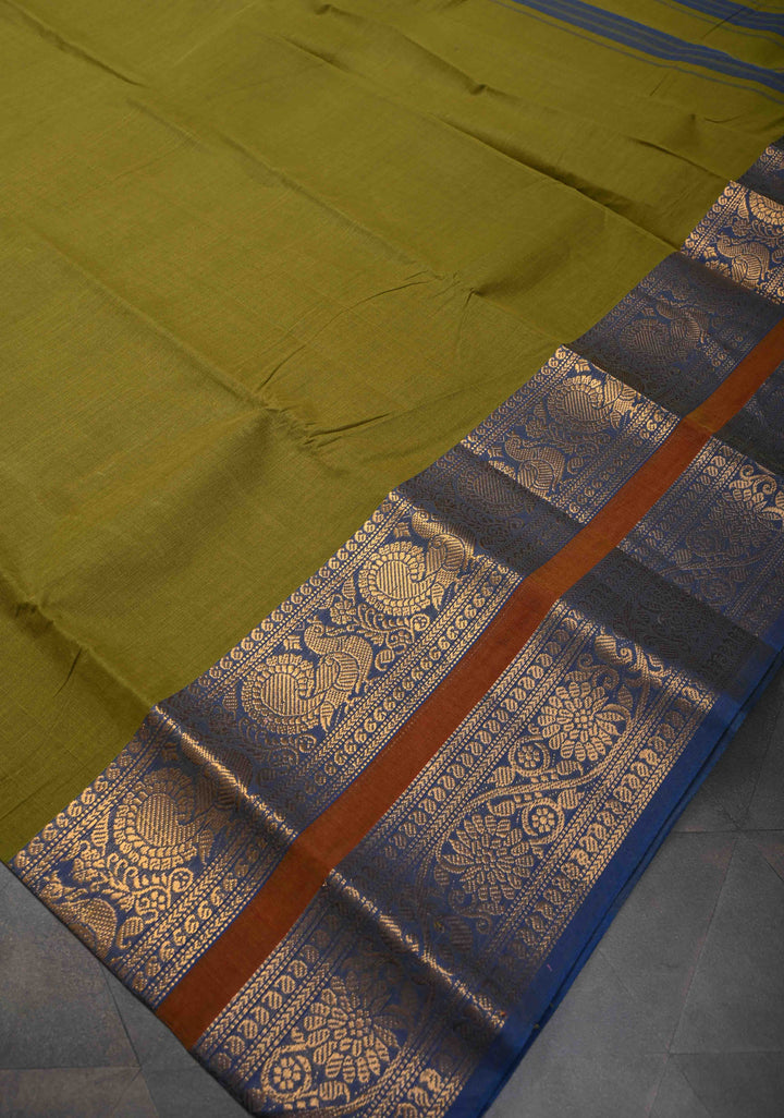 Olive Green Kanchi Cotton Saree with Contrast Zari Border | No Blouse piece
