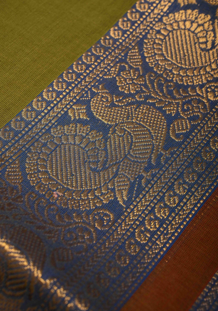 Olive Green Kanchi Cotton Saree with Contrast Zari Border | No Blouse piece