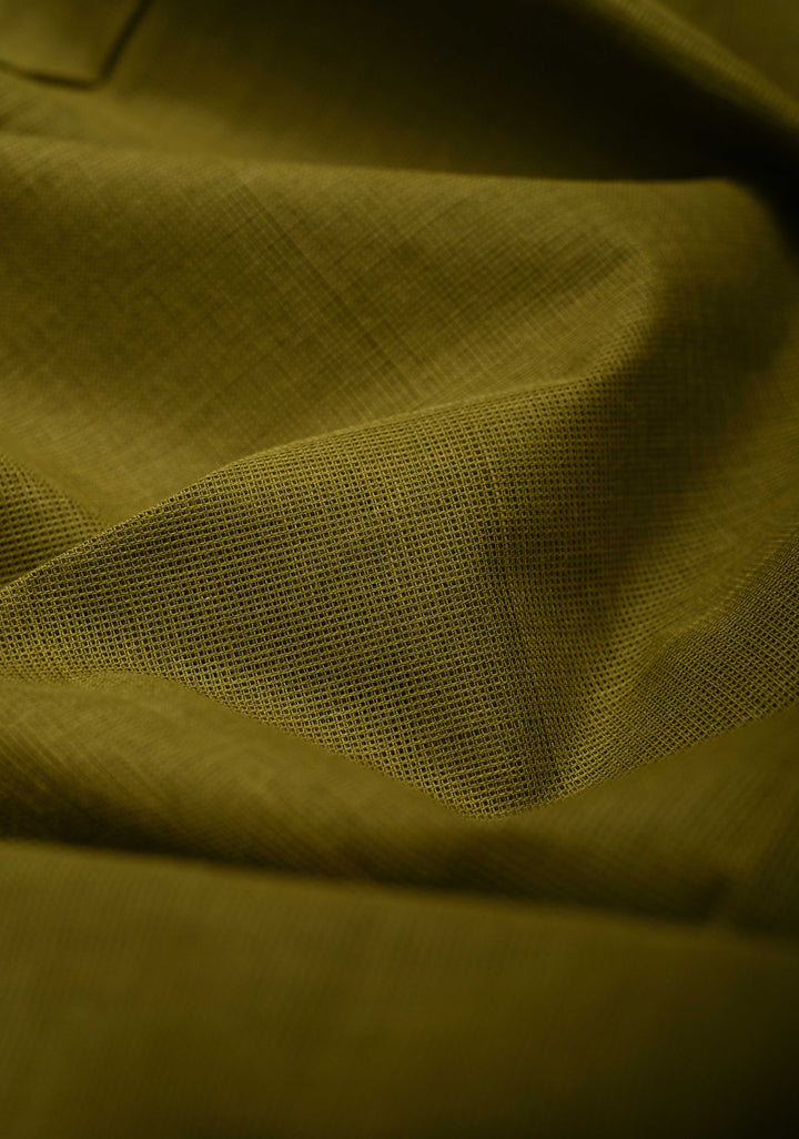 Olive Green Kanchi Cotton Saree with Contrast Zari Border | No Blouse piece