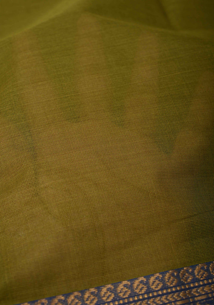 Olive Green Kanchi Cotton Saree with Contrast Zari Border | No Blouse piece
