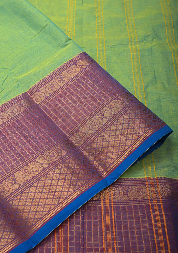 Lemon green Kanchi Cotton Saree with contrast border , No Blouse piece