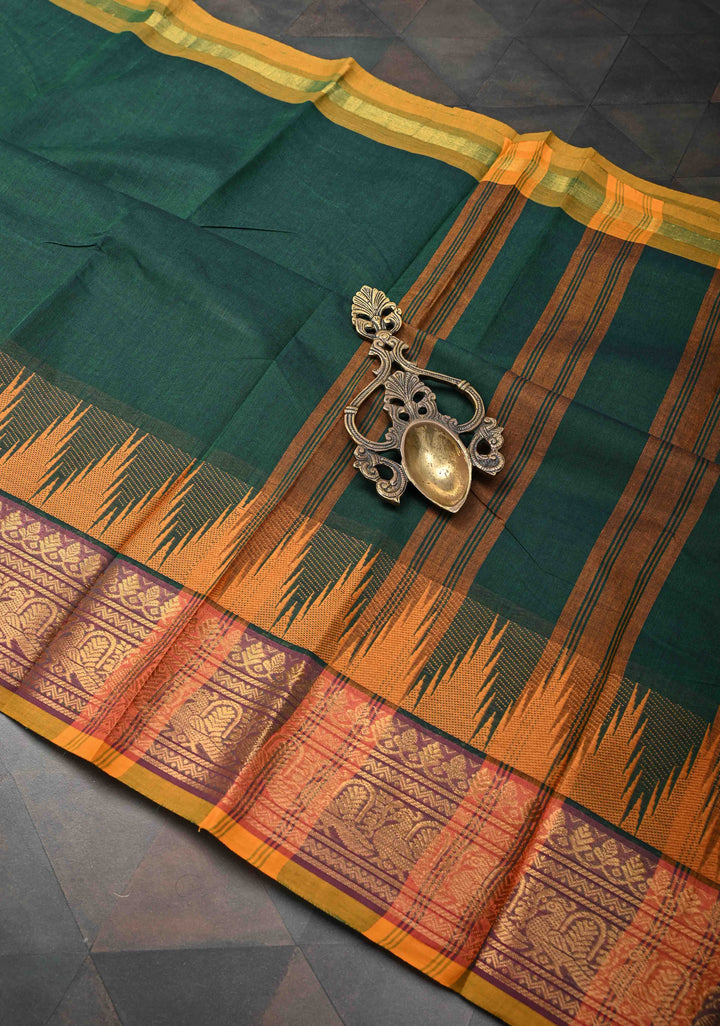 Midnight Moss Kanchi Cotton Saree with Contrast Temple border, No Blouse piece