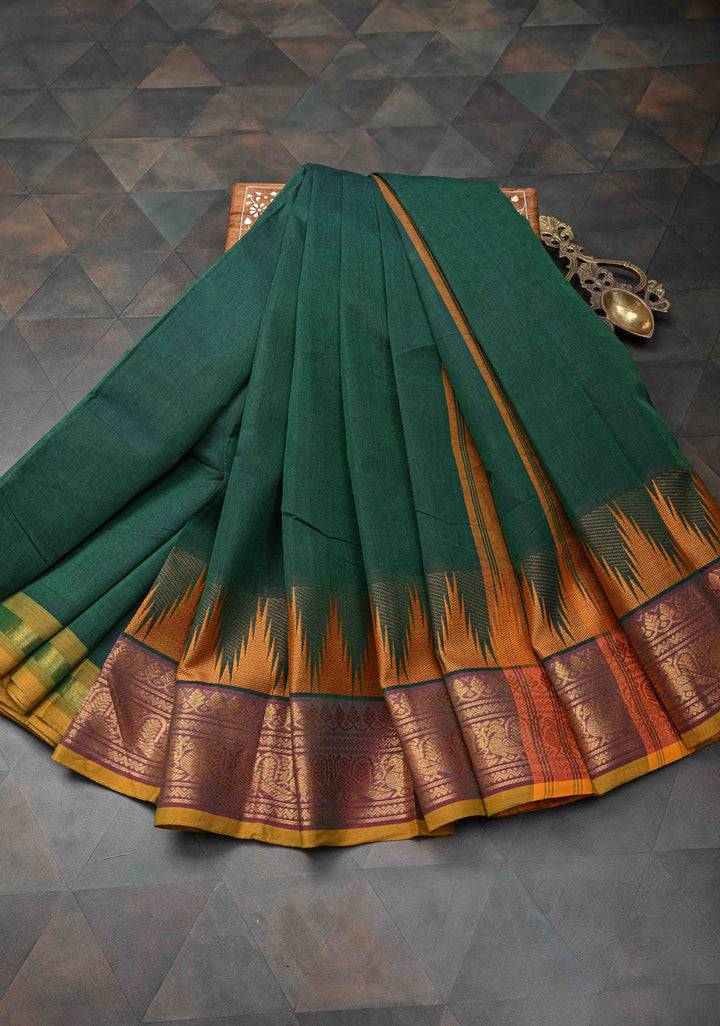 Midnight Moss Kanchi Cotton Saree with Contrast Temple border, No Blouse piece