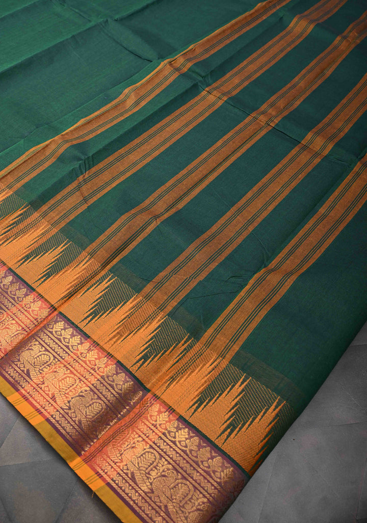 Midnight Moss Kanchi Cotton Saree with Contrast Temple border, No Blouse piece