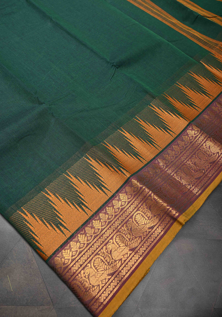 Midnight Moss Kanchi Cotton Saree with Contrast Temple border, No Blouse piece