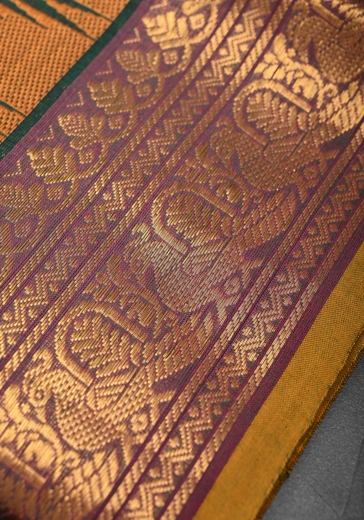 Midnight Moss Kanchi Cotton Saree with Contrast Temple border, No Blouse piece