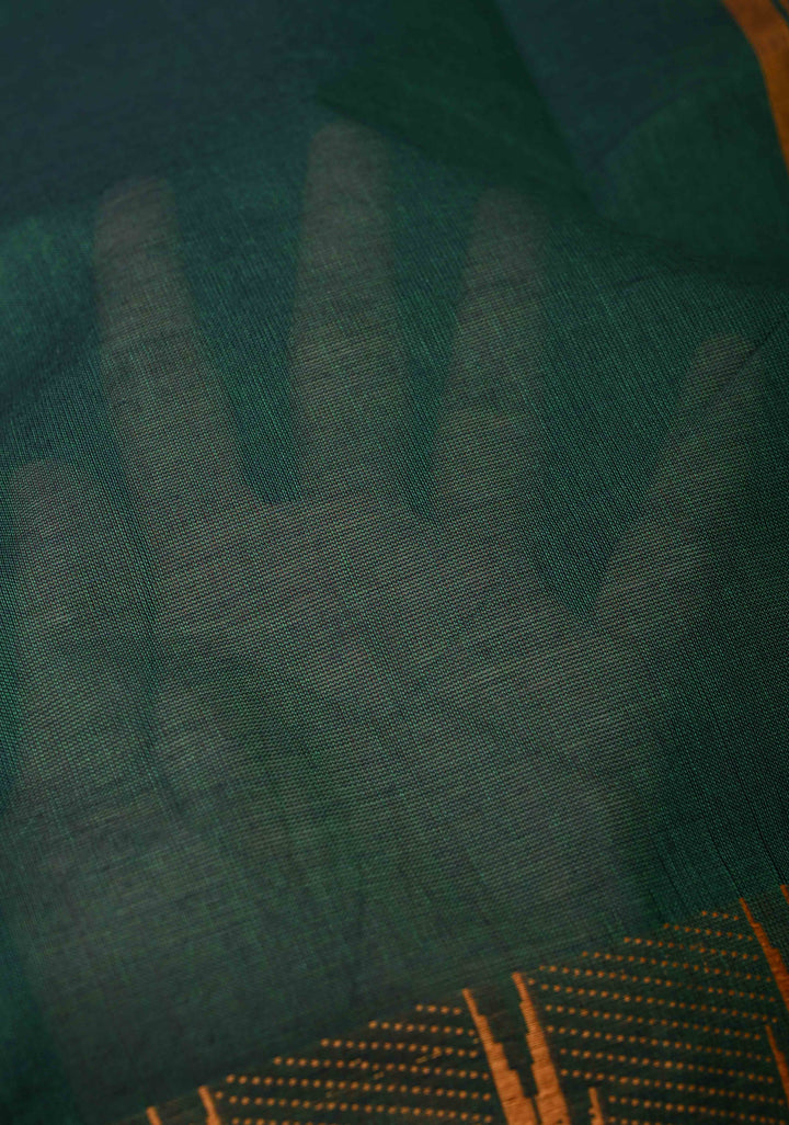 Midnight Moss Kanchi Cotton Saree with Contrast Temple border, No Blouse piece