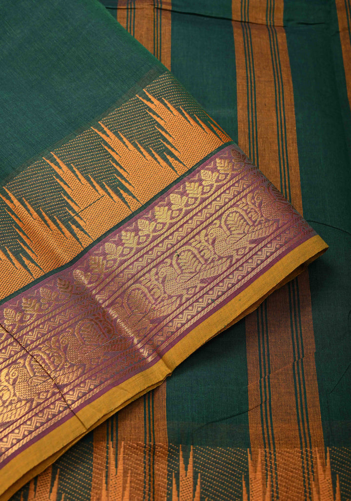 Midnight Moss Kanchi Cotton Saree with Contrast Temple border, No Blouse piece