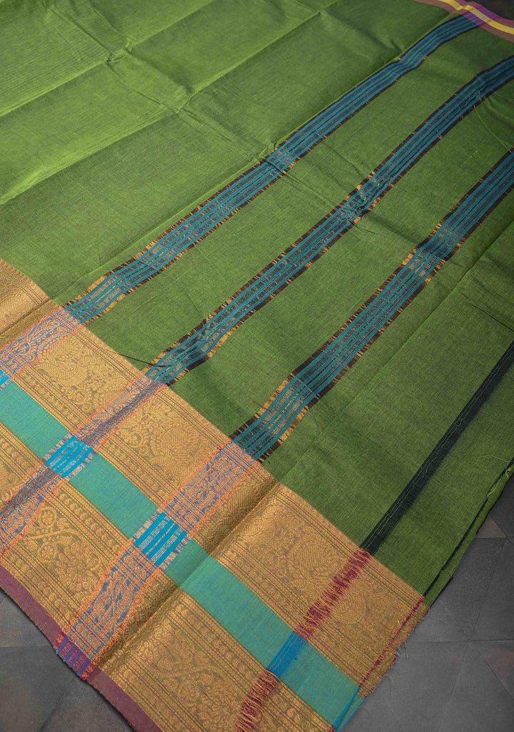 Oilve green Kanchi Cotton Saree with contrast zari border , No Blouse piece