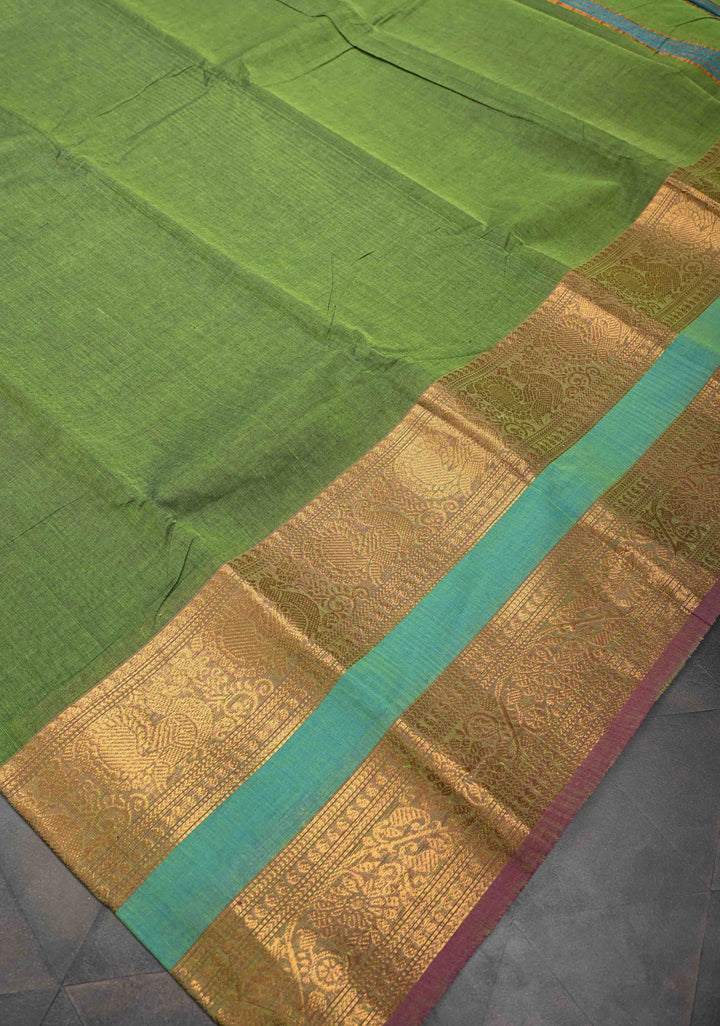 Oilve green Kanchi Cotton Saree with contrast zari border , No Blouse piece