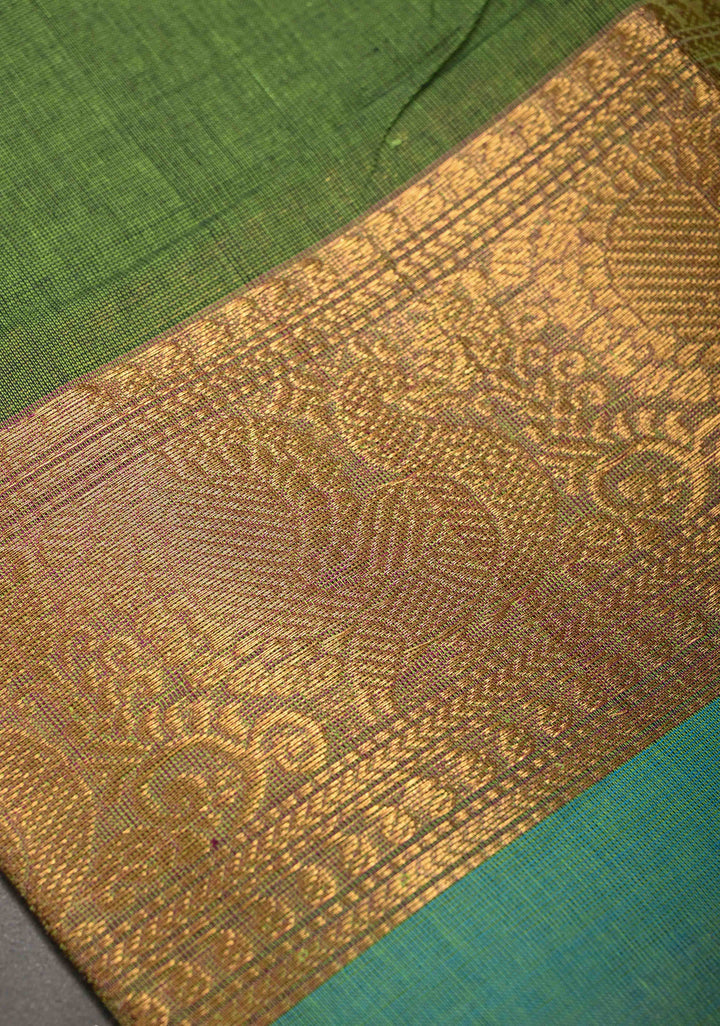 Oilve green Kanchi Cotton Saree with contrast zari border , No Blouse piece