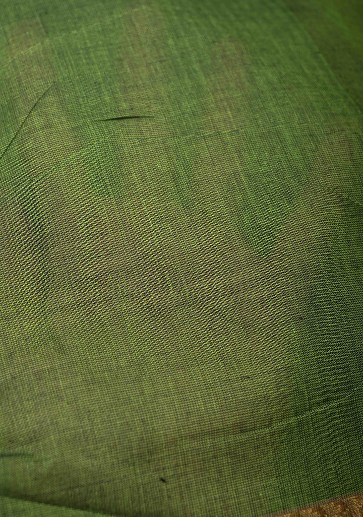 Oilve green Kanchi Cotton Saree with contrast zari border , No Blouse piece