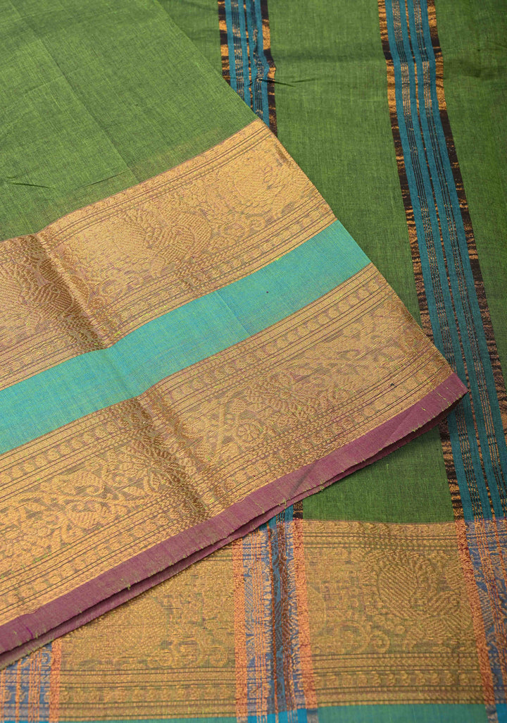 Oilve green Kanchi Cotton Saree with contrast zari border , No Blouse piece